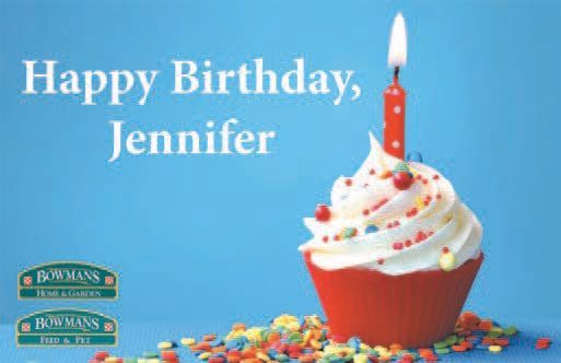 Happy birthday message to Jennifer with cupcake and candle on blue background.