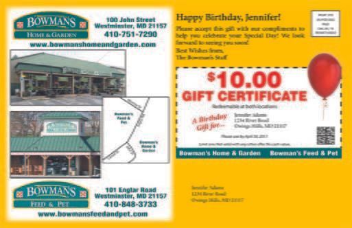 A gift certificate from Bowman's Home & Garden: $10.00 off. Birthday greeting and store information.