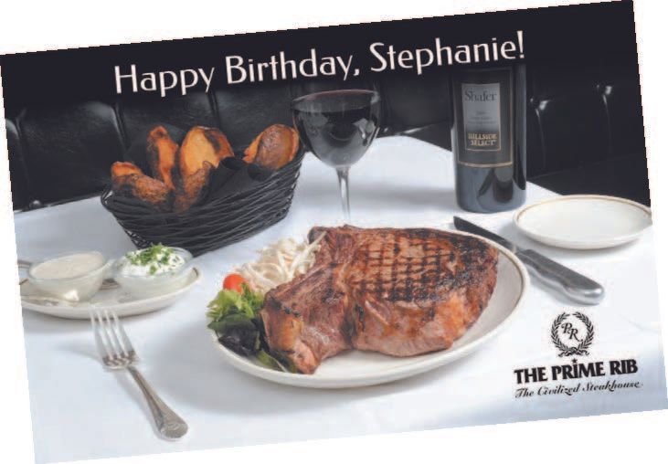 Steak dinner at The Prime Rib: steak, potatoes, wine, and Happy Birthday, Stephanie!