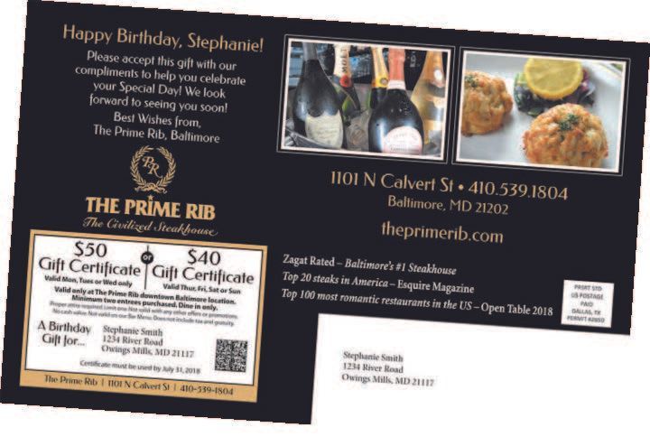 Birthday gift certificate from The Prime Rib restaurant in Baltimore. Includes details and address.