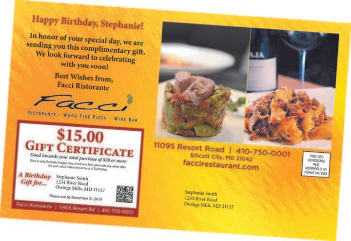 Birthday gift certificate from Facci Ristorante; $15 off, featuring food photos, restaurant address, and a QR code.