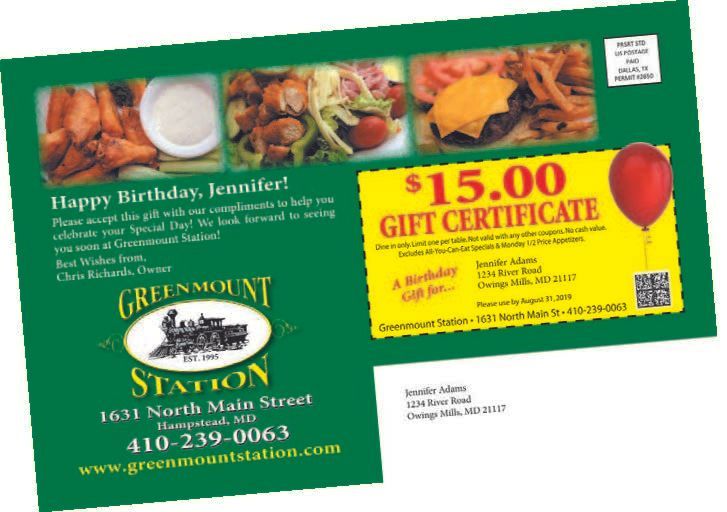 Greenmount Station birthday gift card for $15, with food photos and a red balloon.