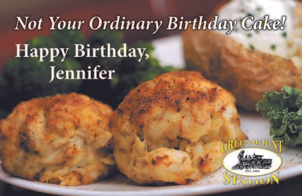 Crab cakes, baked potato with toppings, broccoli. Text: