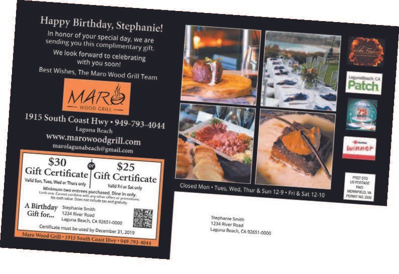 Birthday gift card from Maro Wood Grill with food photos and a location.
