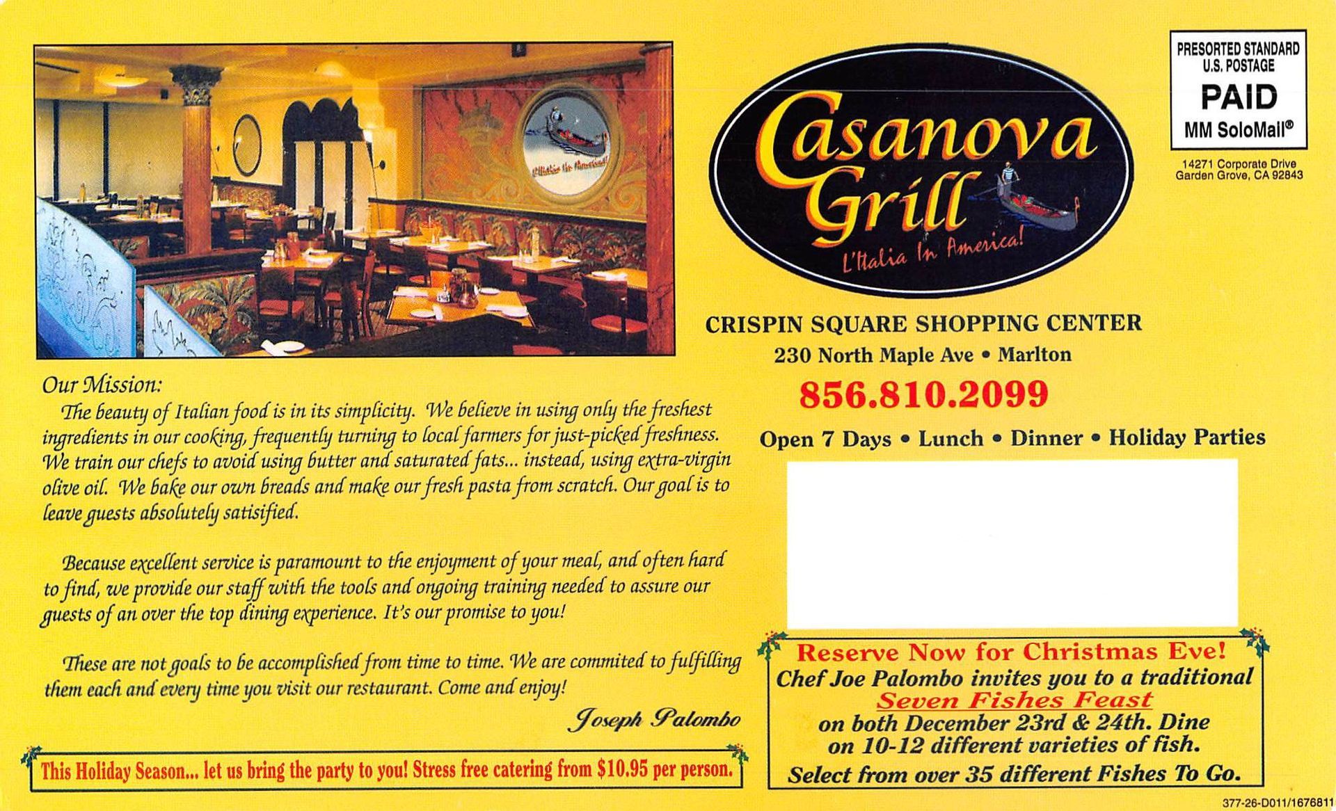 Casanova Grill postcard, restaurant interior photo, yellow background, restaurant info and Christmas offer.