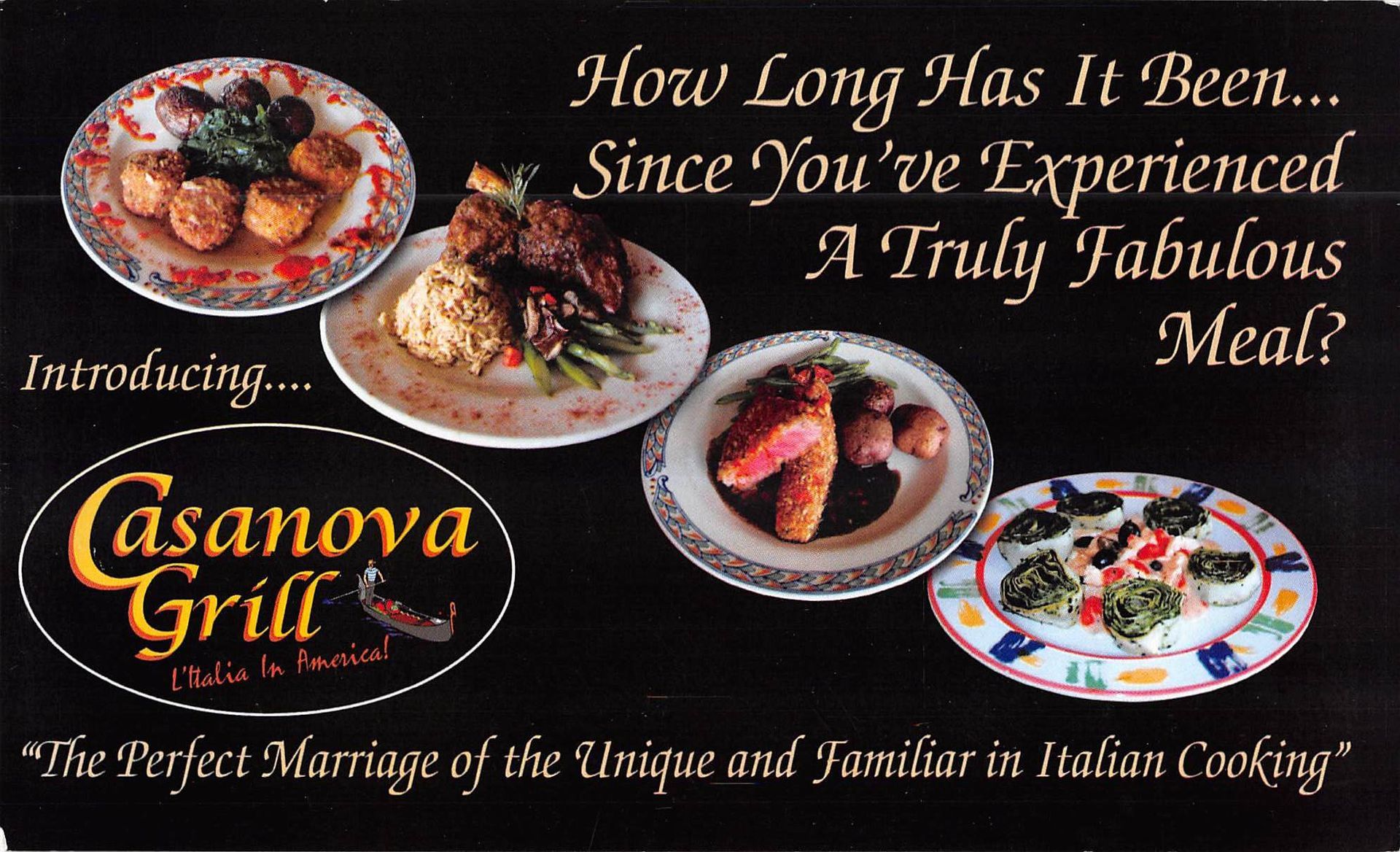Casanova Grill ad: food dishes on plates, text asking about a fabulous meal.