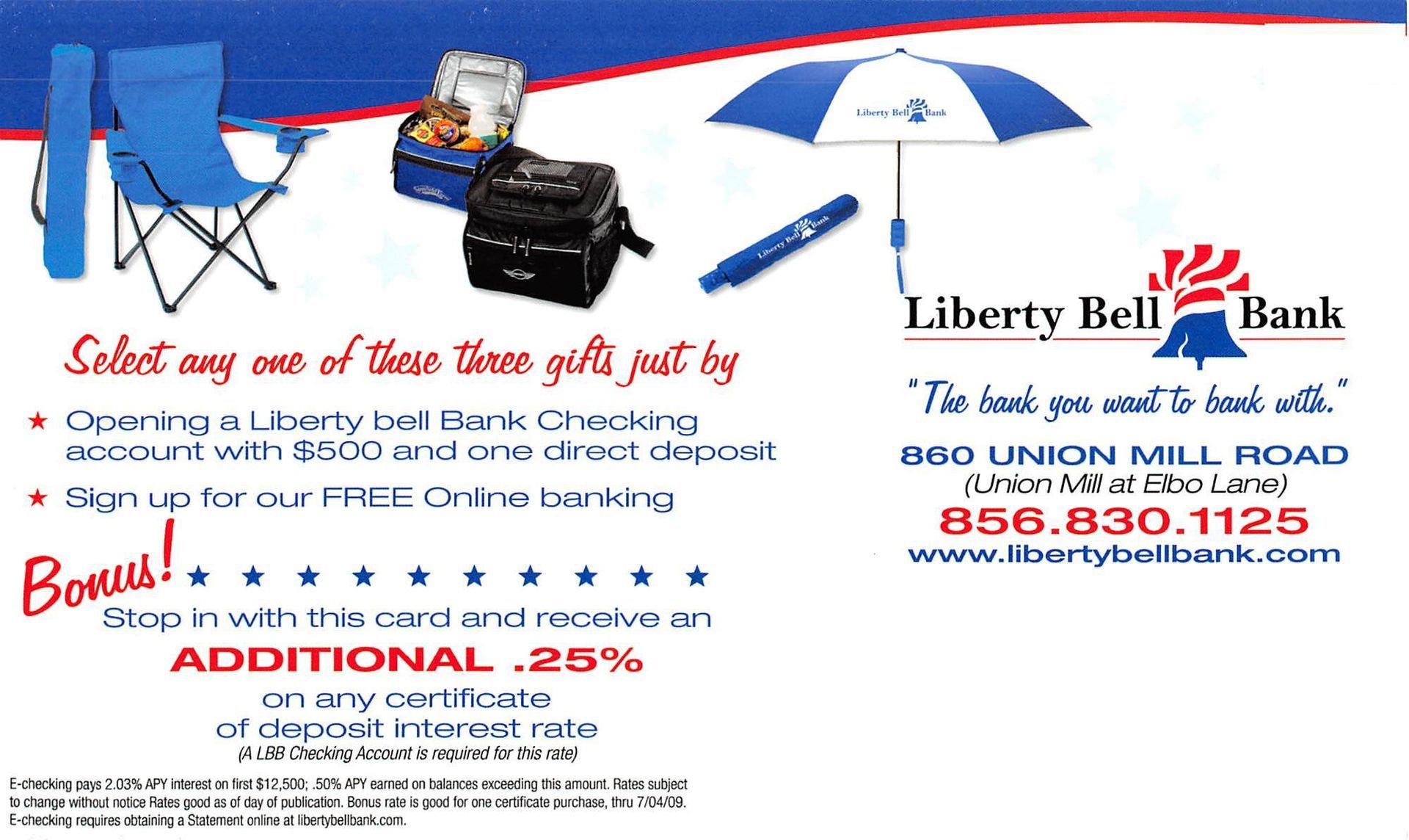 Advertisement for Liberty Bell Bank featuring bonus gifts with new accounts: chairs, cooler, umbrella.