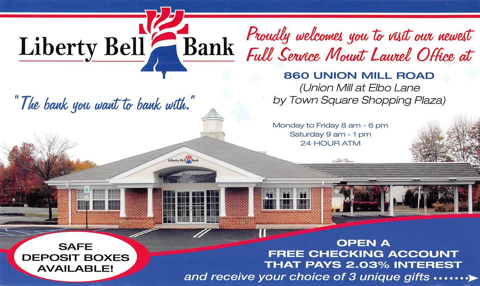Advertisement for Liberty Bell Bank in Mount Laurel, NJ; includes building photo, address, and special offers.