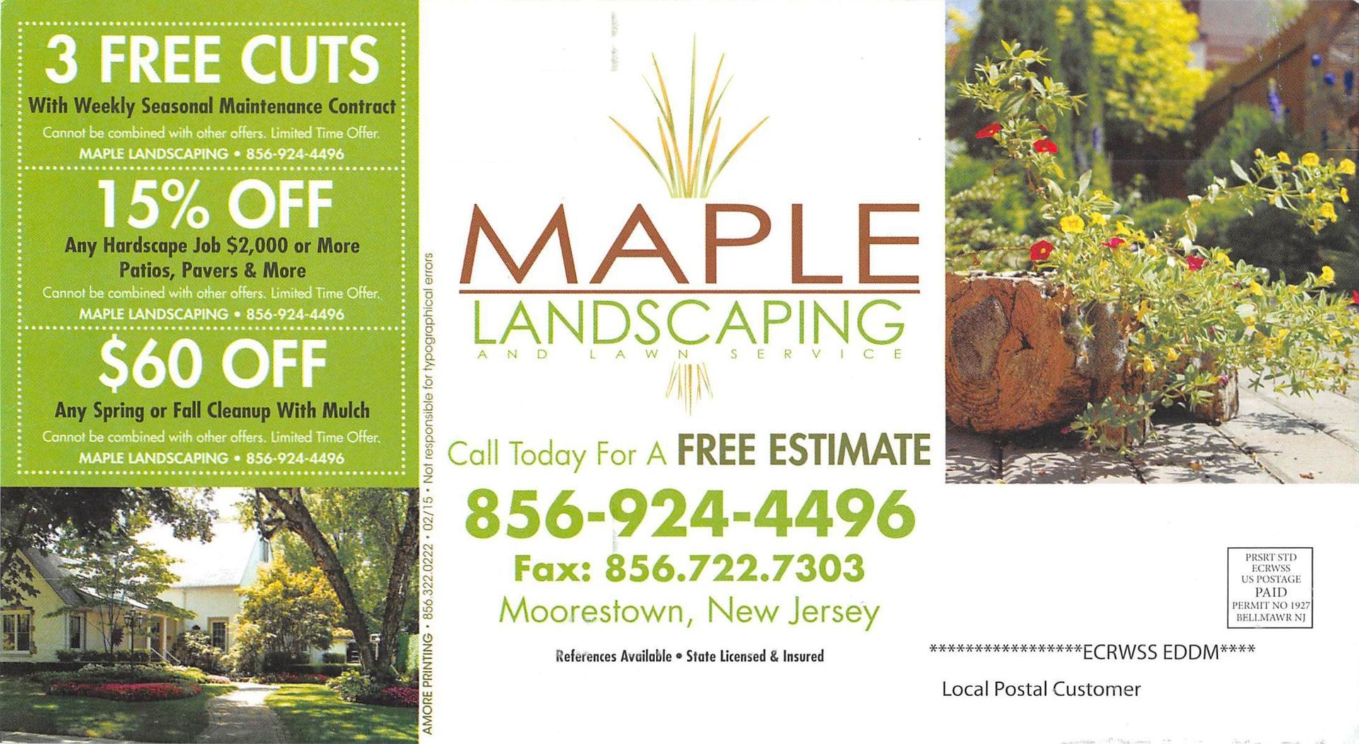 Maple Landscaping ad with discount offers and a phone number.