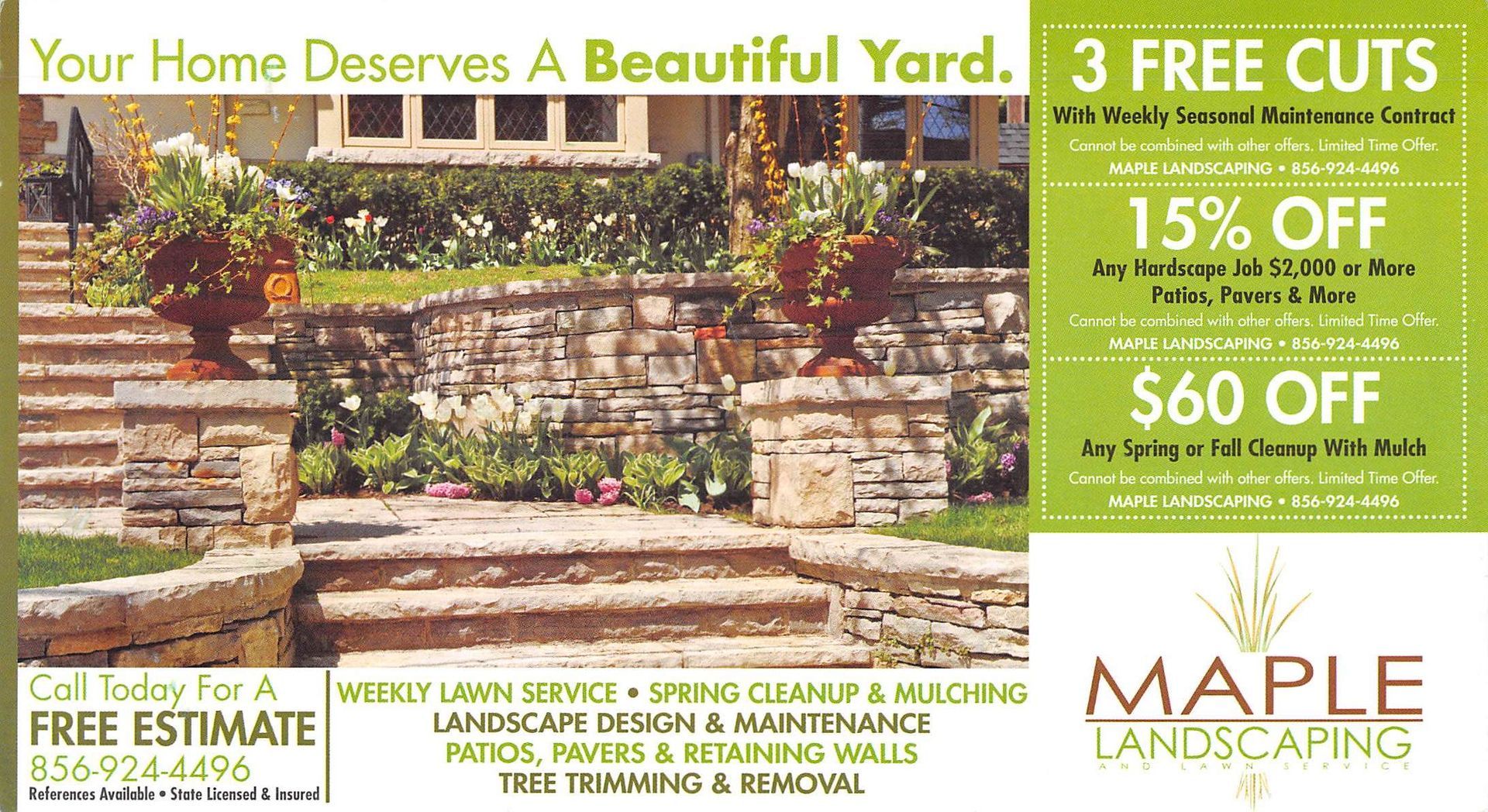 Advertisement for Maple Landscaping with yard image and discount offers.