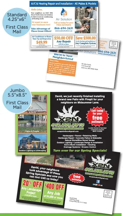 Two postcards: standard and jumbo size. The jumbo shows home repair advertising with coupons.
