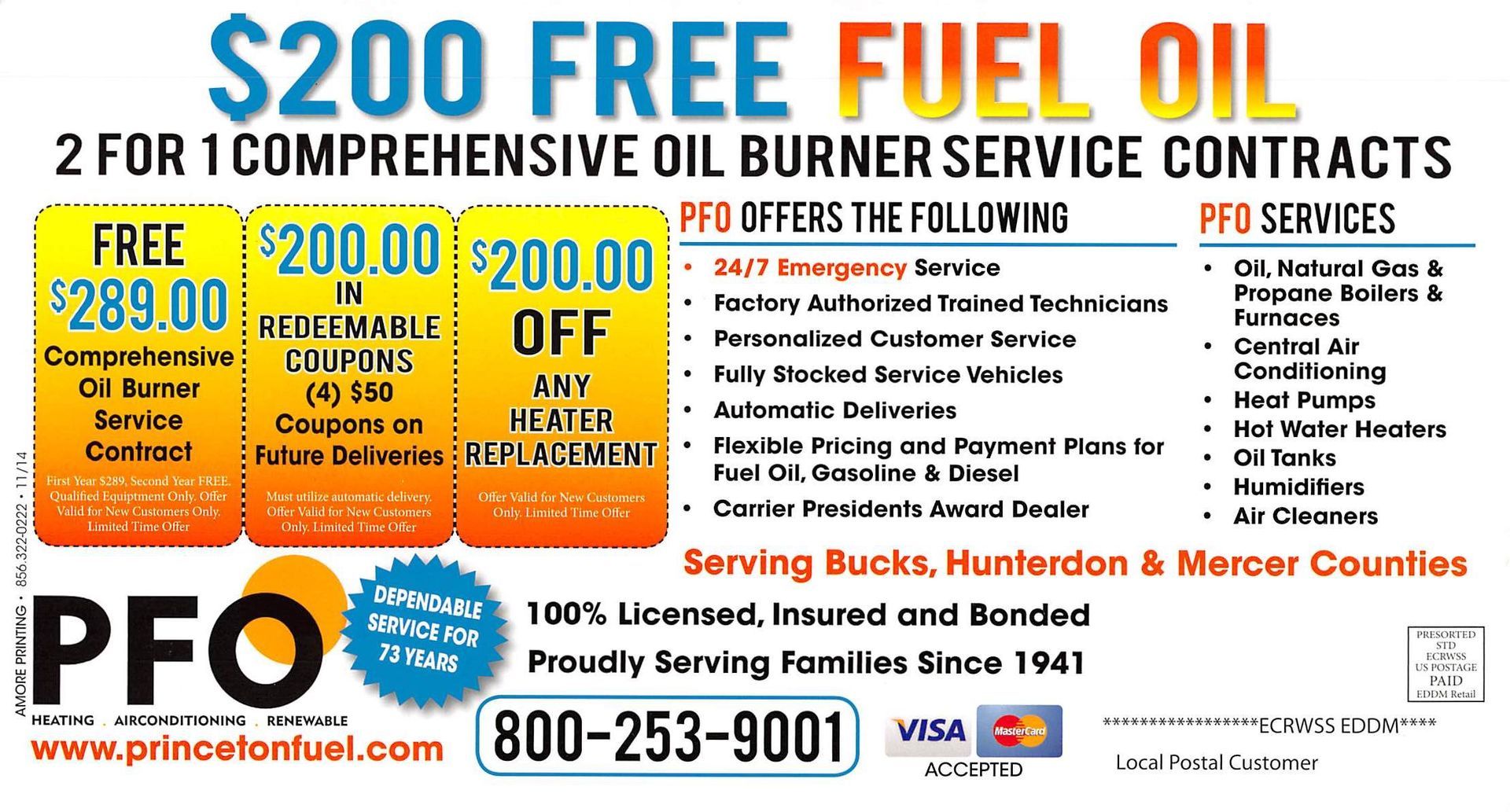 Advertisement for Princeton Fuel Oil offering free fuel oil with service contracts.