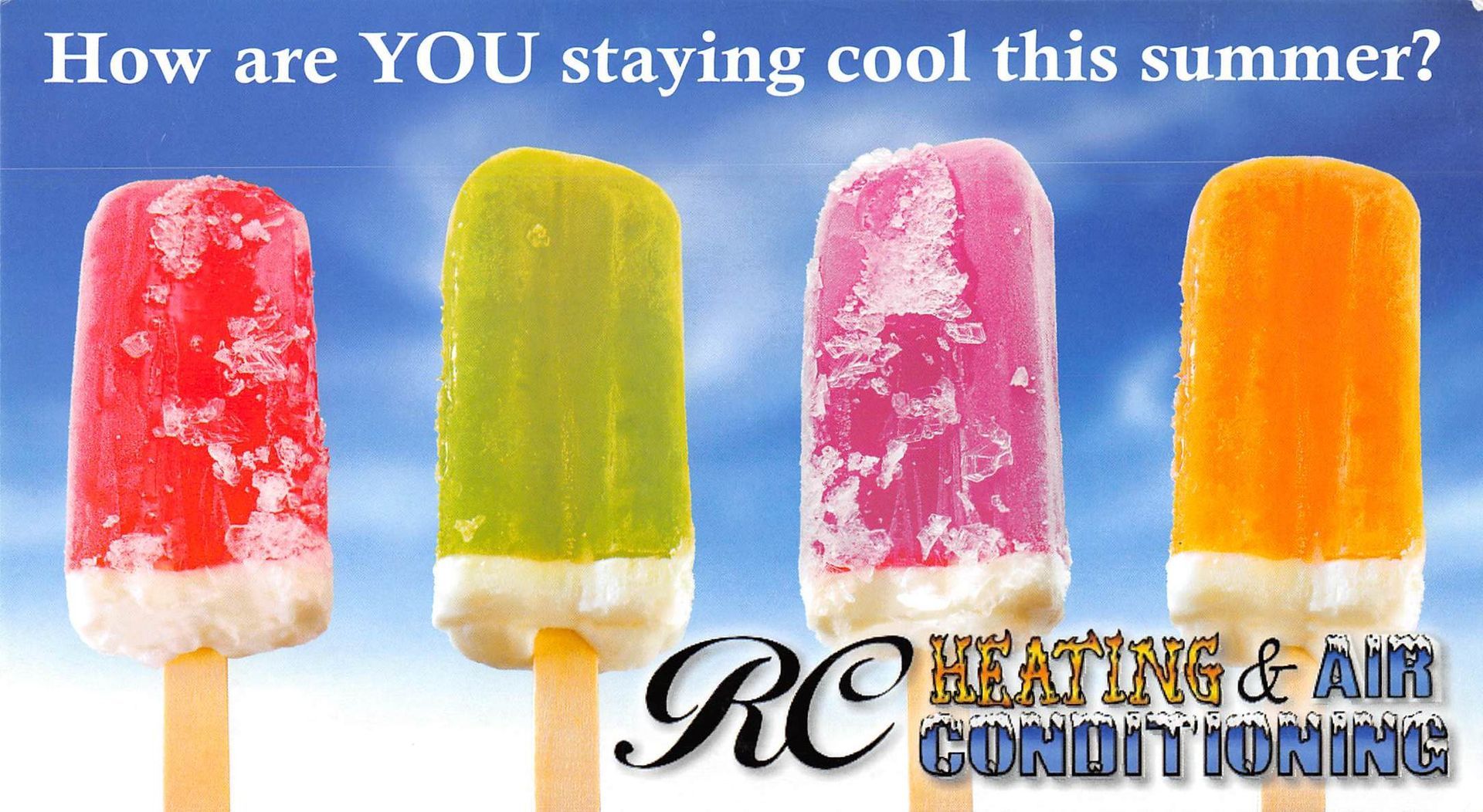 Four colorful popsicles on sticks with blue sky, advertisement for RC Heating & Air Conditioning.