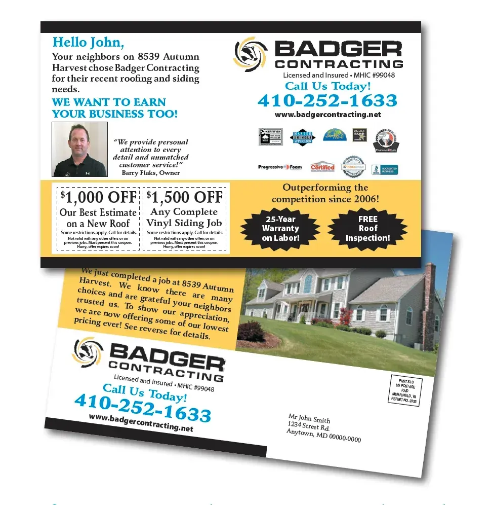 Front and back of a Badger Contracting postcard advertising roofing and siding services; features discounts, contact info.