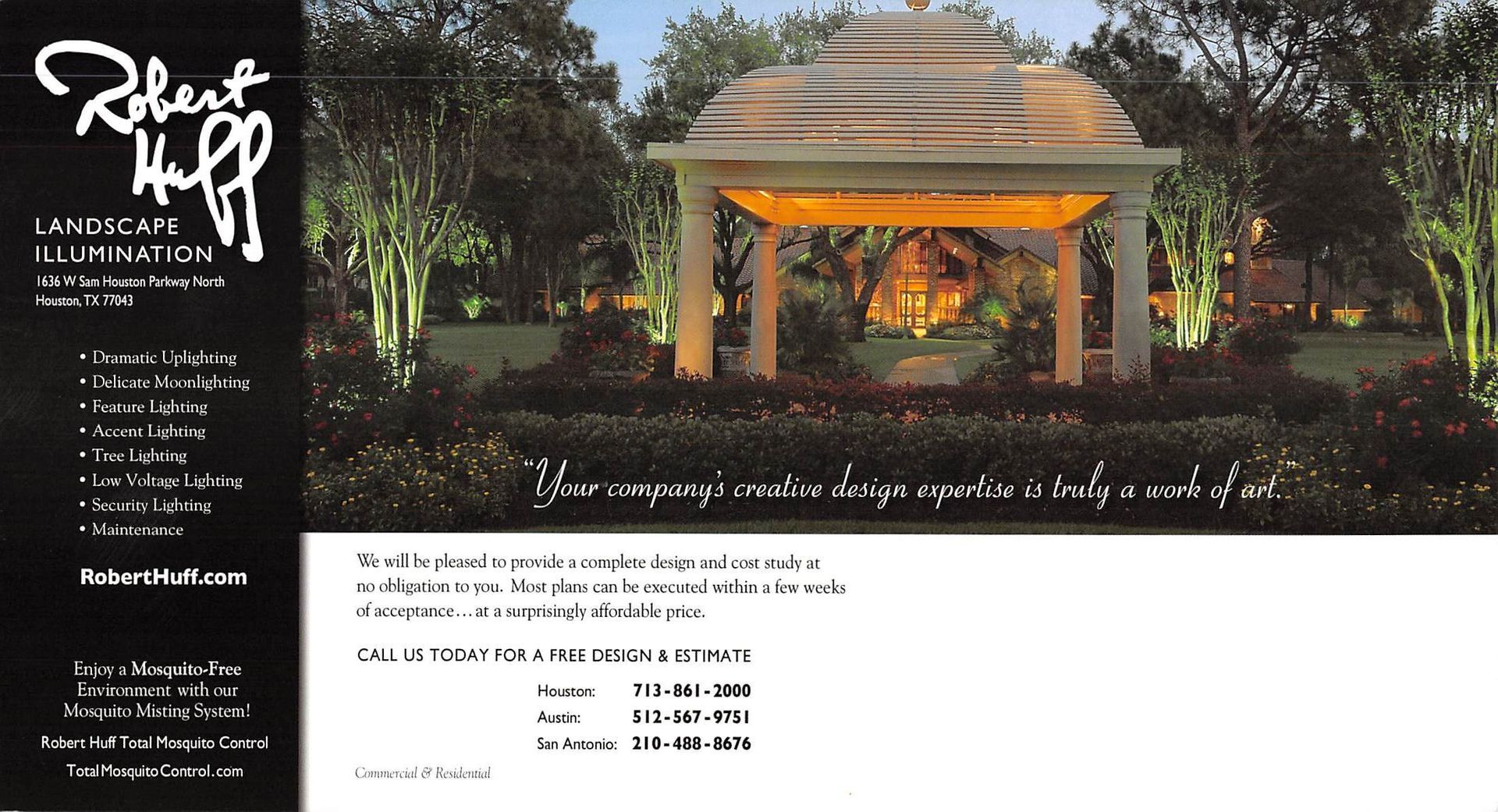 Advertisement for Robert Huff Landscape featuring a lit outdoor structure at night.