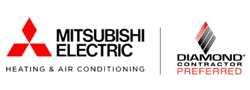 Mitsubishi Electric heating and air conditioning logo, Diamond Contractor Preferred logo.