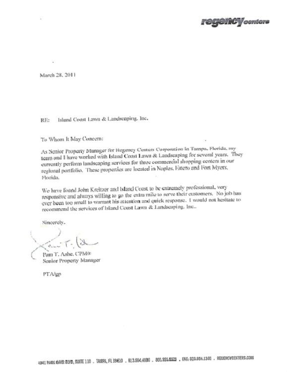 Regency Center Certificate — Fort Myers, FL — Island Coast Lawn & Landscaping, Inc.