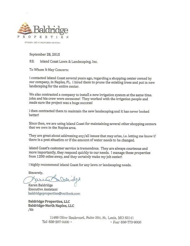 Baldrigde Certificate — Fort Myers, FL — Island Coast Lawn & Landscaping, Inc.