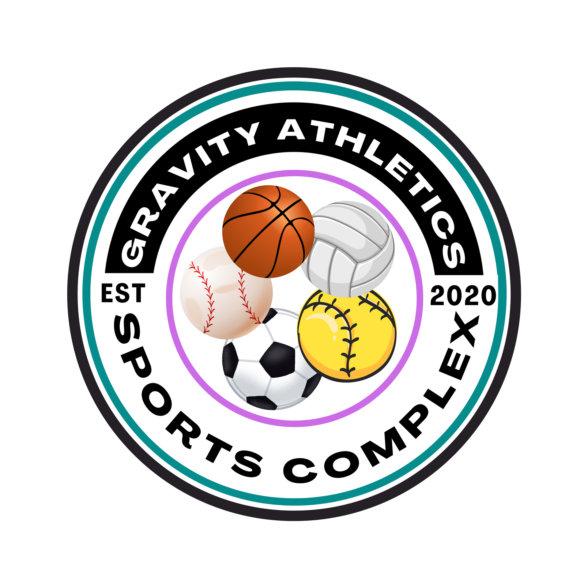 Logo for Gravity Athletics Sports Complex with various sports balls.