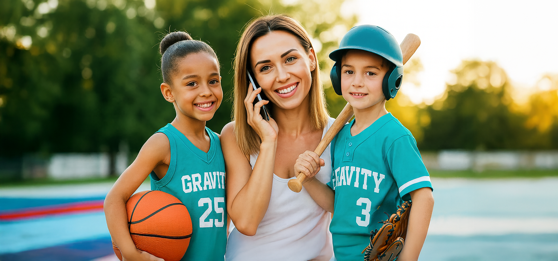 Woman on phone smiles with kids in sports jerseys, holding a basketball and baseball bat.