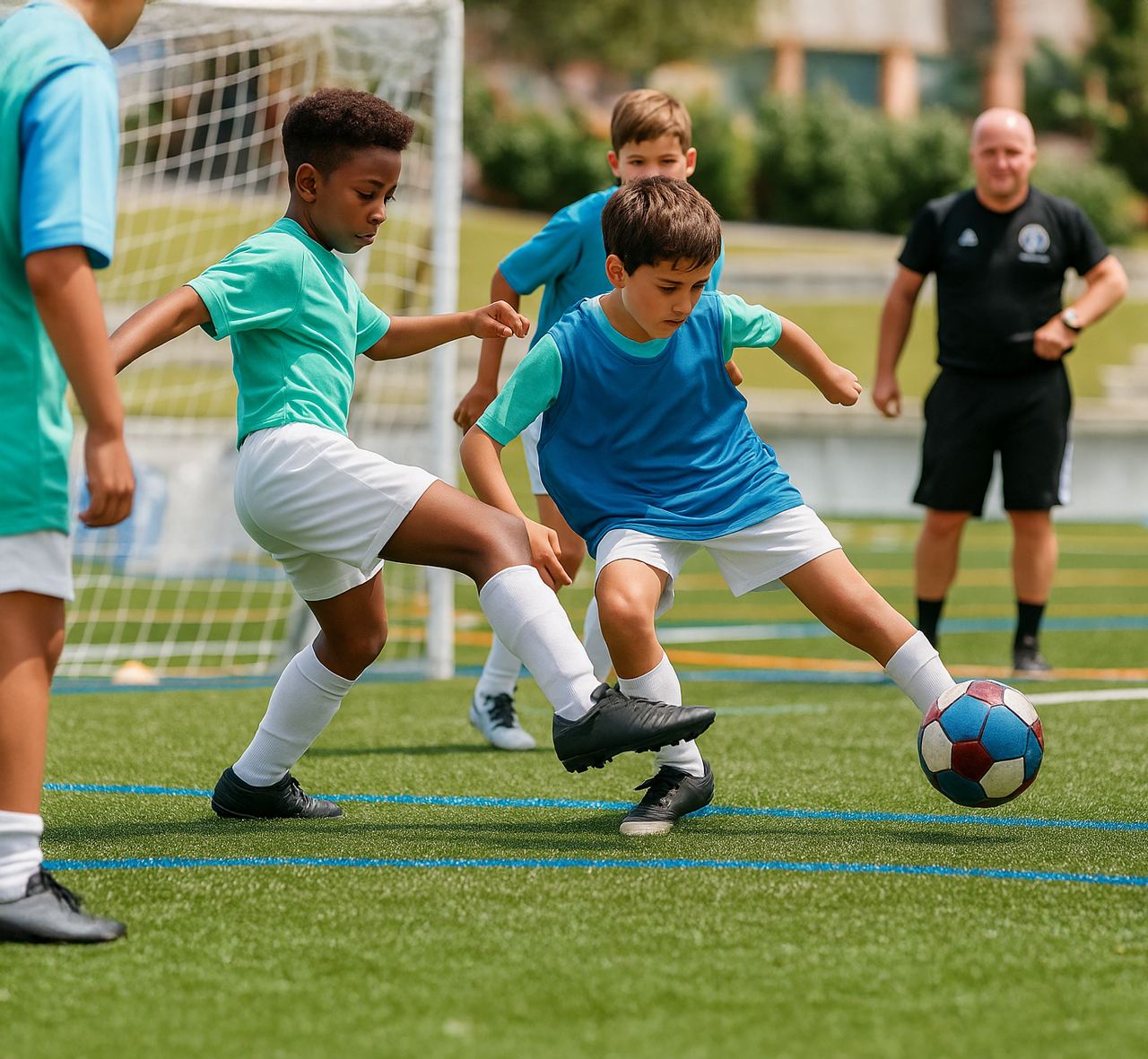 Boys in soccer game on green field; two actively play ball, while coach watches.