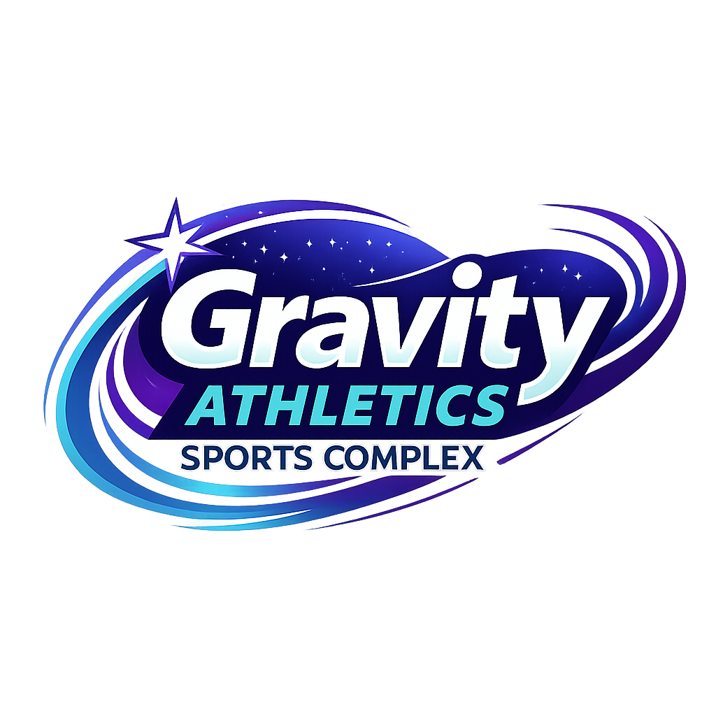 Logo for Gravity Athletics Sports Complex with various sports balls.