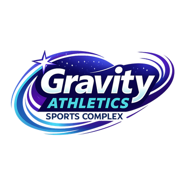 Logo for Gravity Athletics Sports Complex with various sports balls.