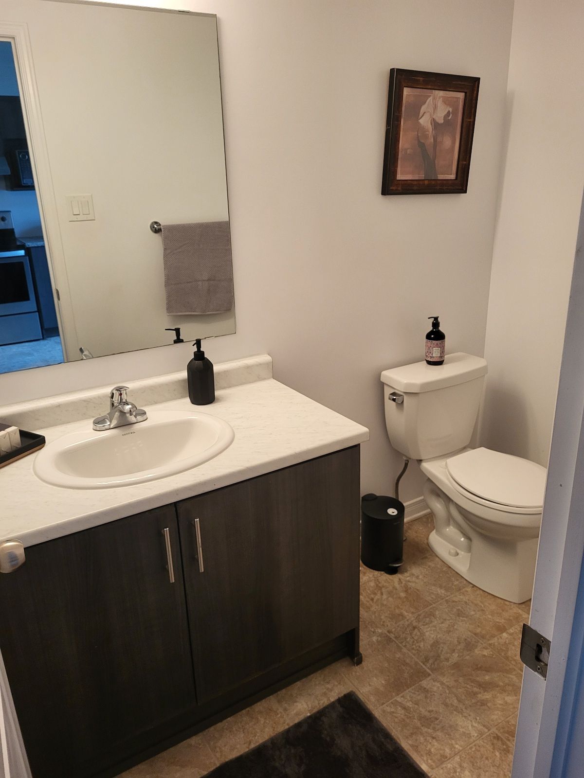 A bathroom with a sink , toilet and mirror.