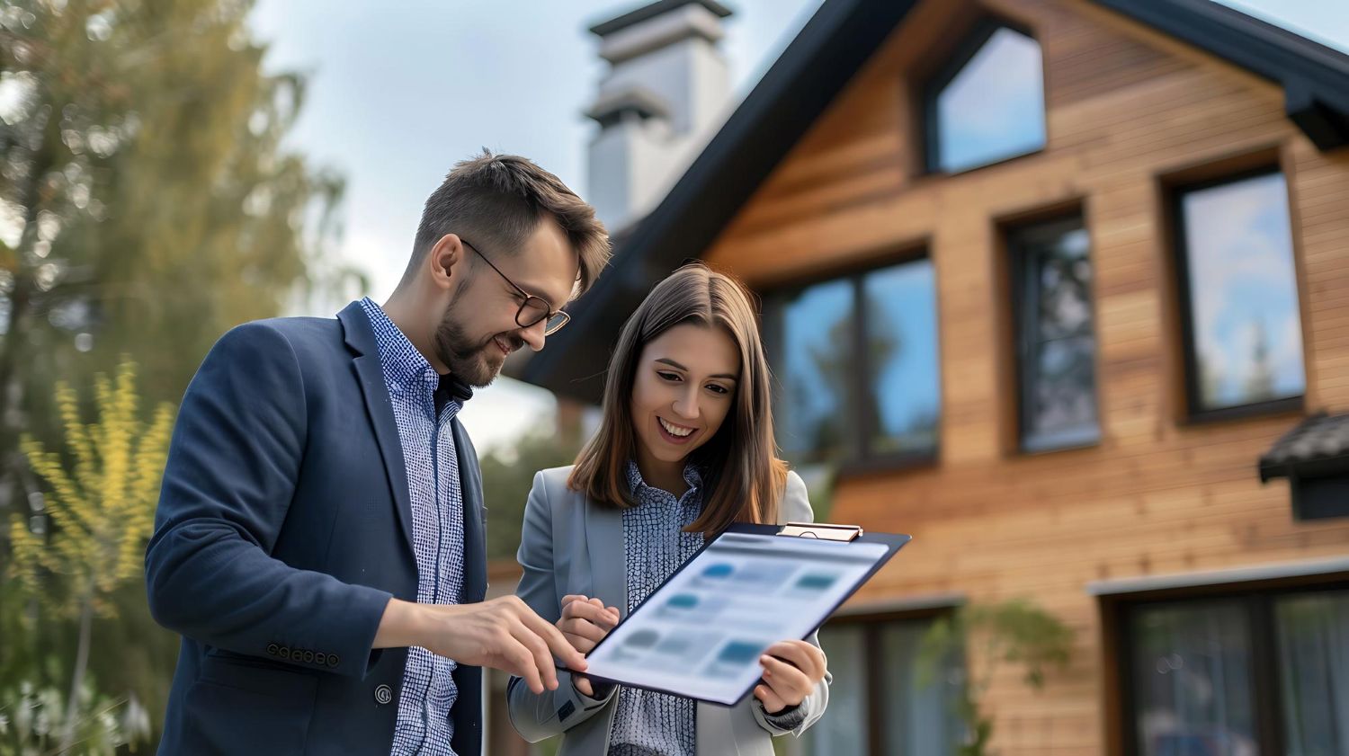 A man and a woman are looking at a clipboard in front of a house.
