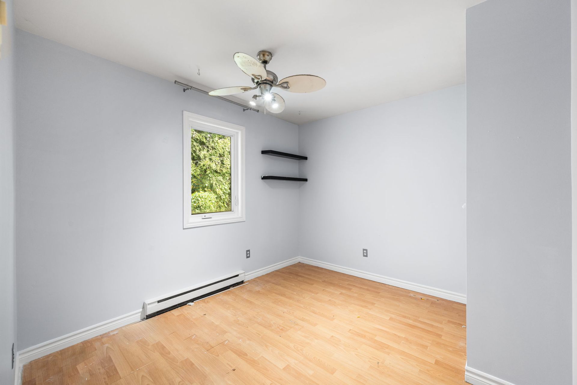 Empty bedroom with light blue walls, wood floor, window, ceiling fan, and shelves.