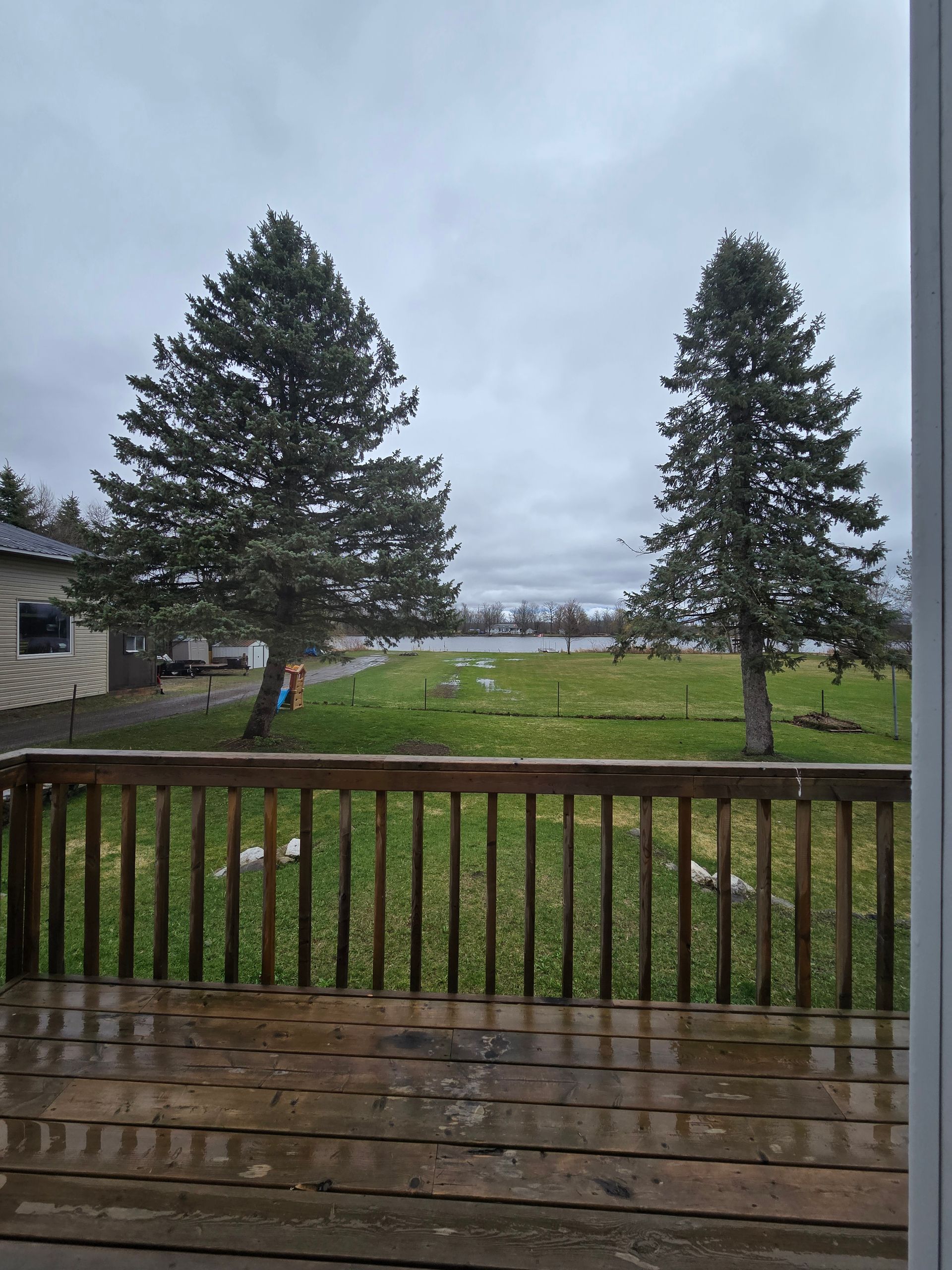 A deck with a view of a field and trees on a cloudy day.