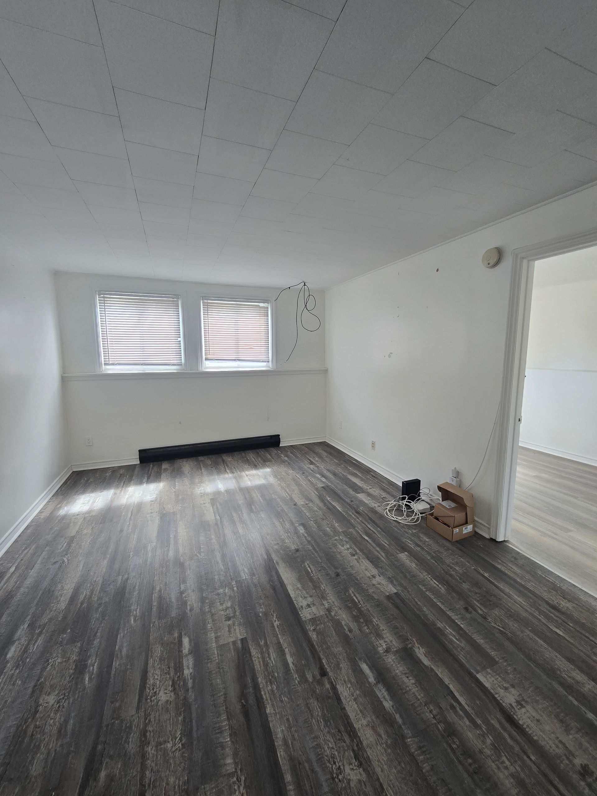 Empty room with dark wood-look flooring, white walls, two windows with blinds, and doorway.