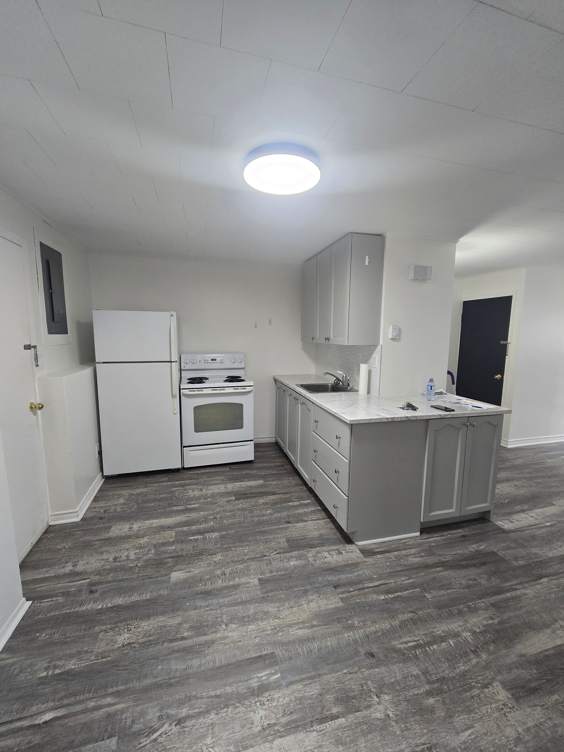 Kitchen with white appliances, gray cabinets, and a gray-patterned floor. A single light illuminates the space.