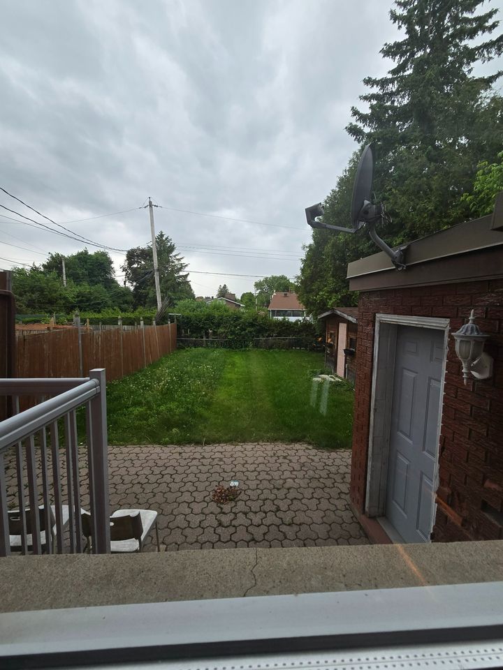 A view of a backyard from the deck of a house