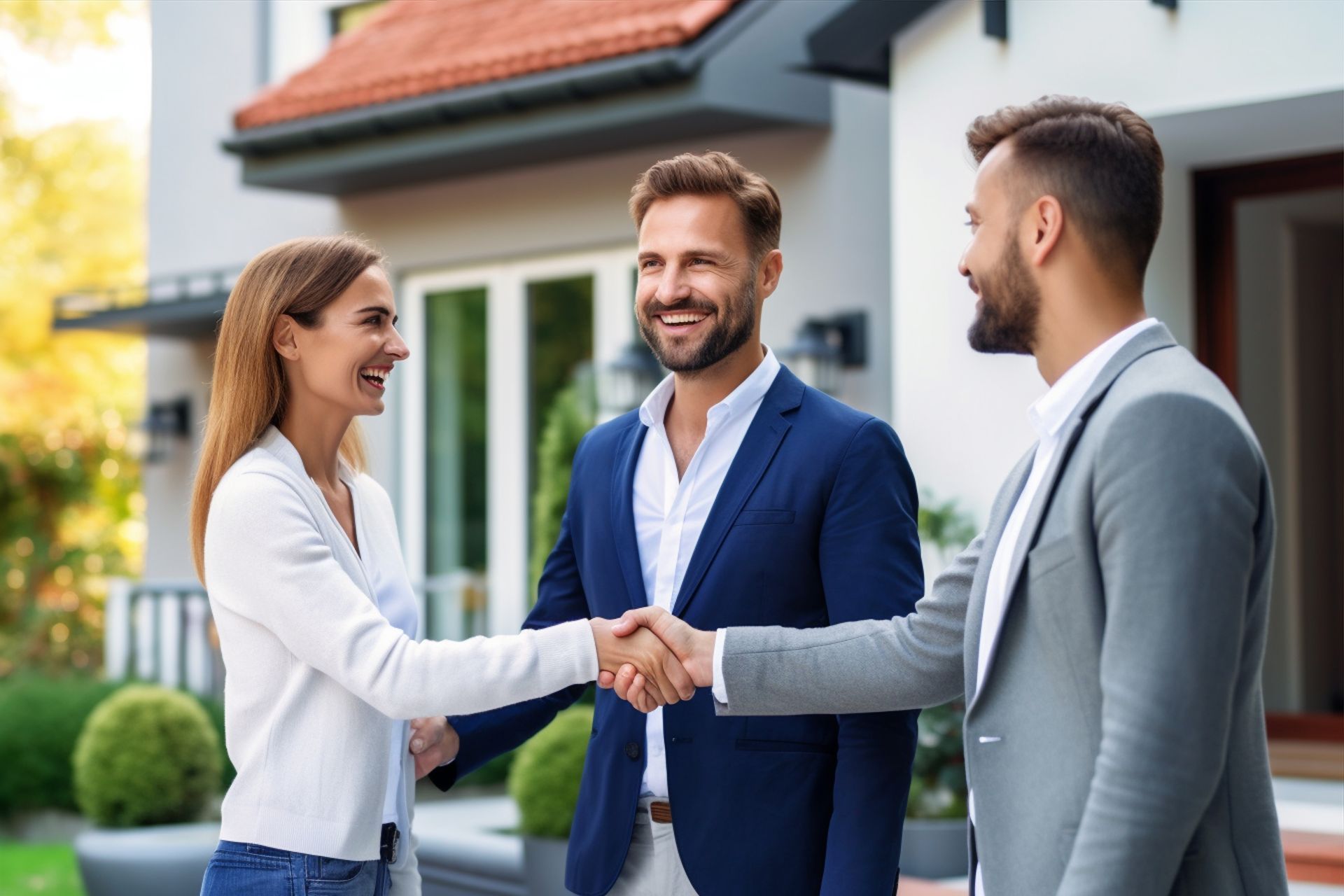 A man and a woman are shaking hands with a real estate agent in front of a house.