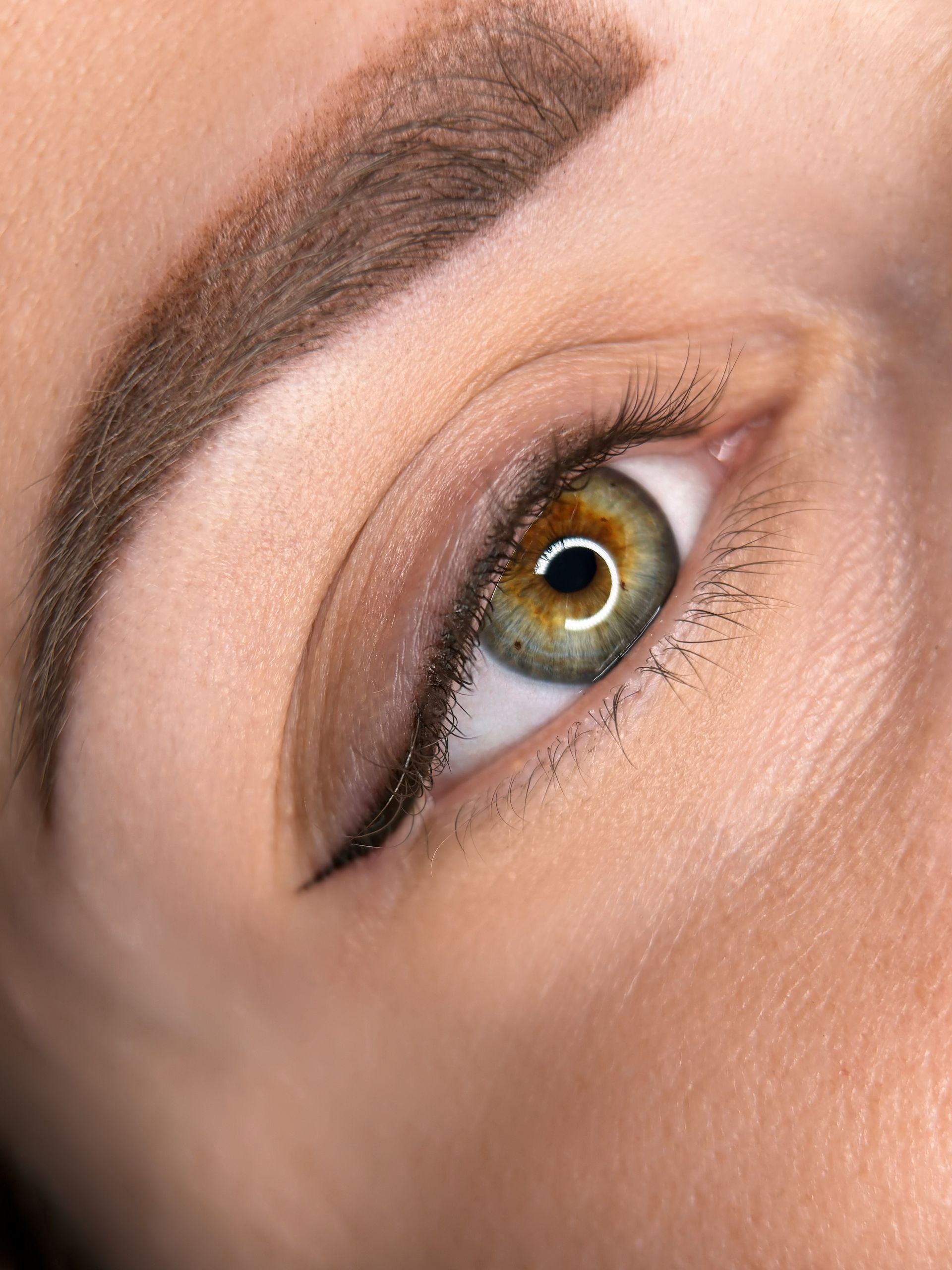 Nahaufnahme eines haselnussbraunen Auges mit braunem Lidschatten und einer scharf definierten Augenbraue.