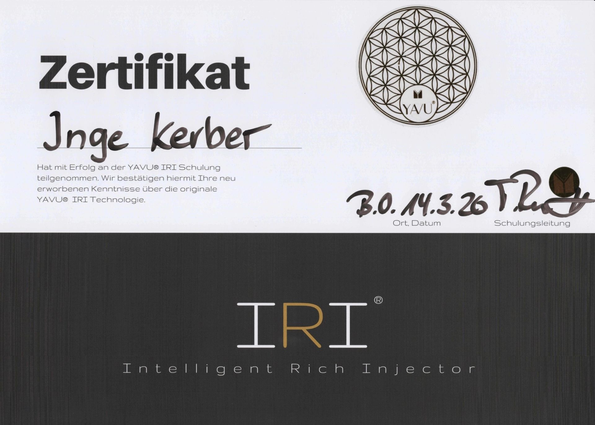 Zertifikat für Inge Kerber mit Stempel und IRI-Logo auf dunklem Hintergrund