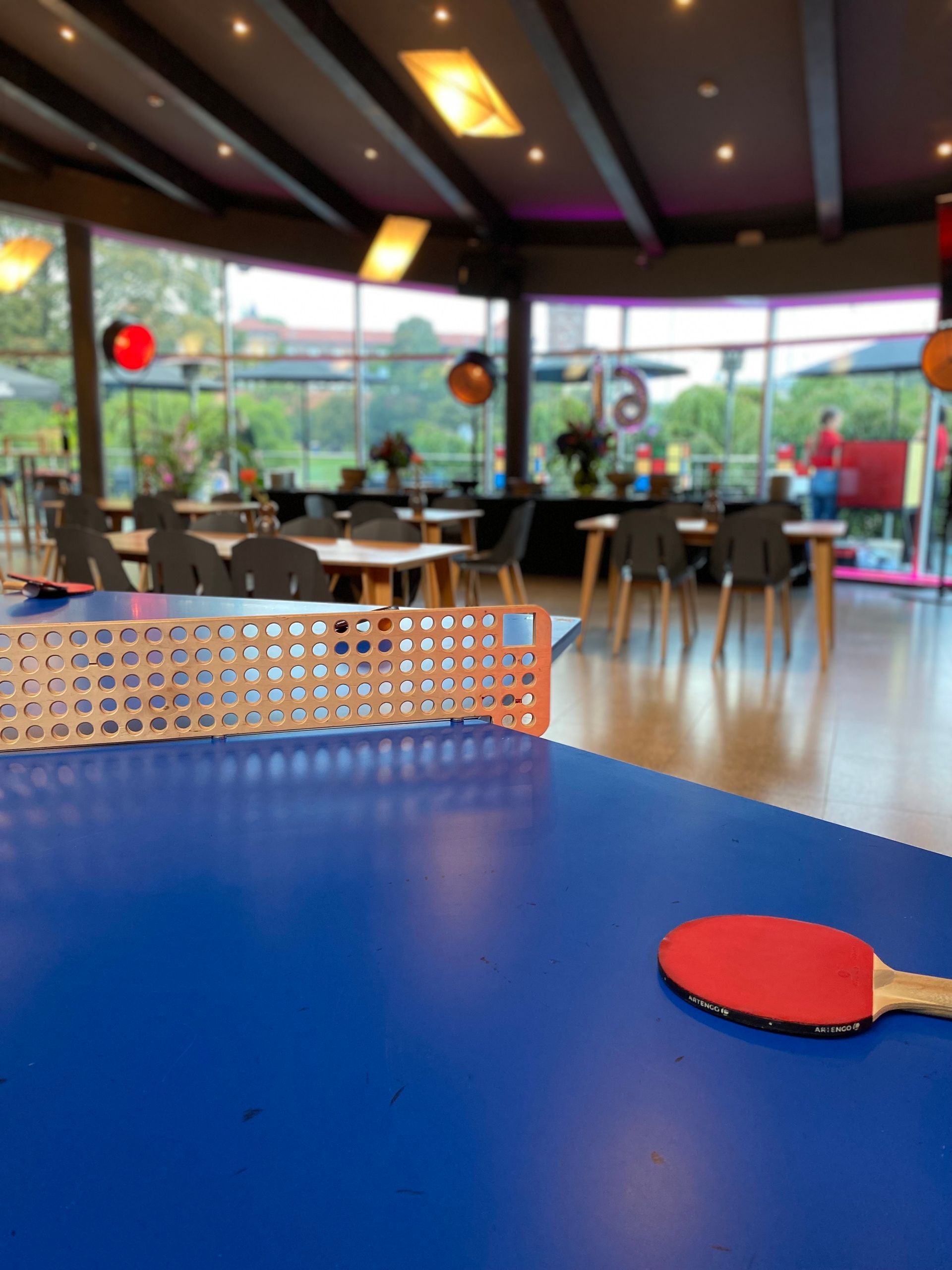 niebieski stół z czerwoną paletką do ping-ponga