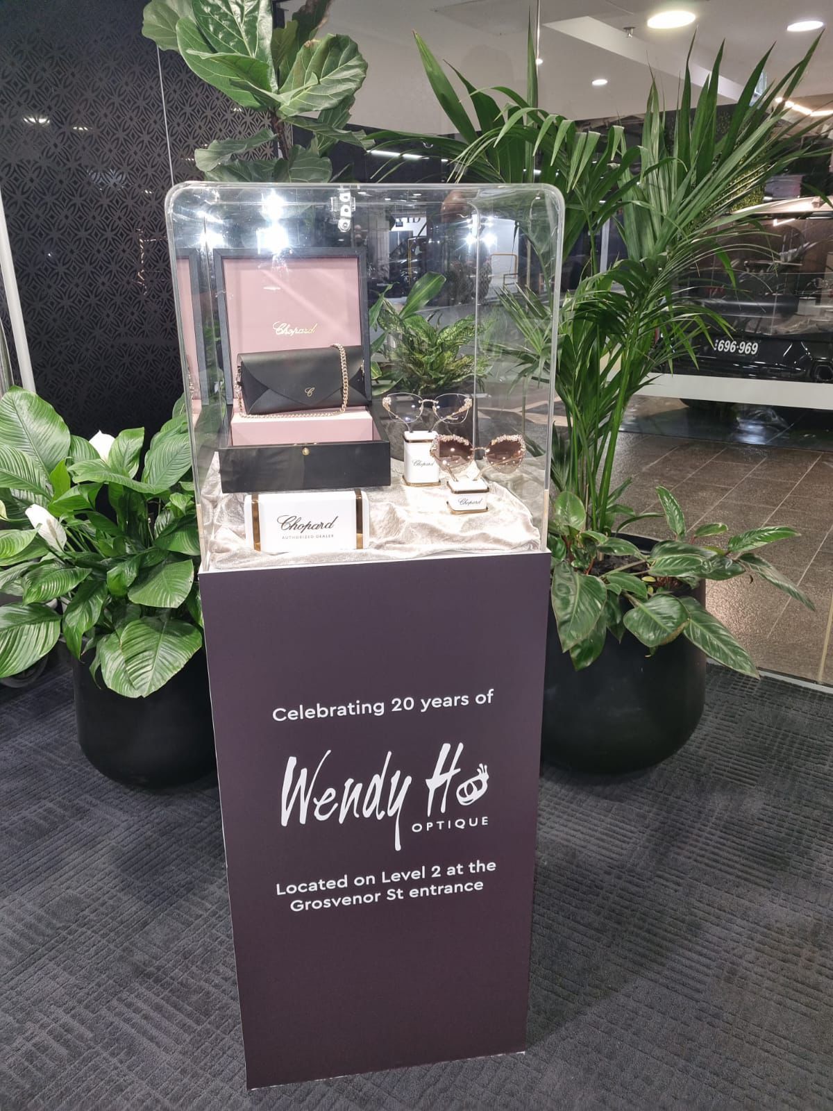 Display case with jewelry, plants, and signage celebrating Wendy Ho Designs' 20th anniversary.