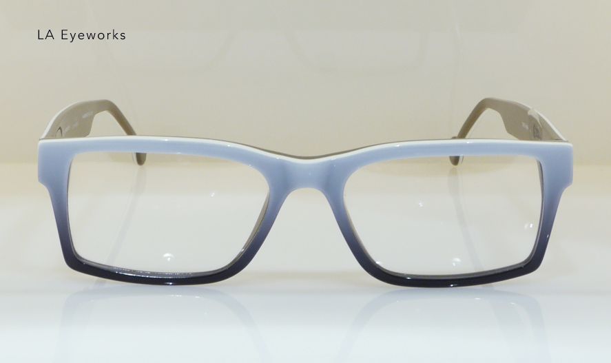 Square eyeglasses with a blue and black gradient frame.