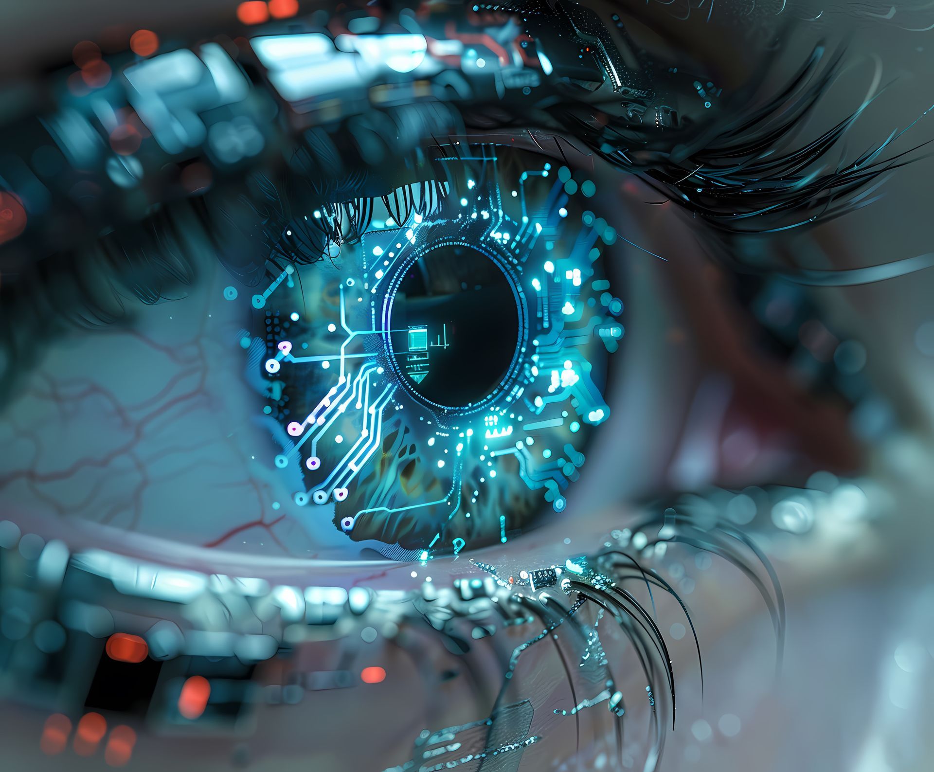 Close-up of a cybernetic eye, glowing blue with circuit patterns.