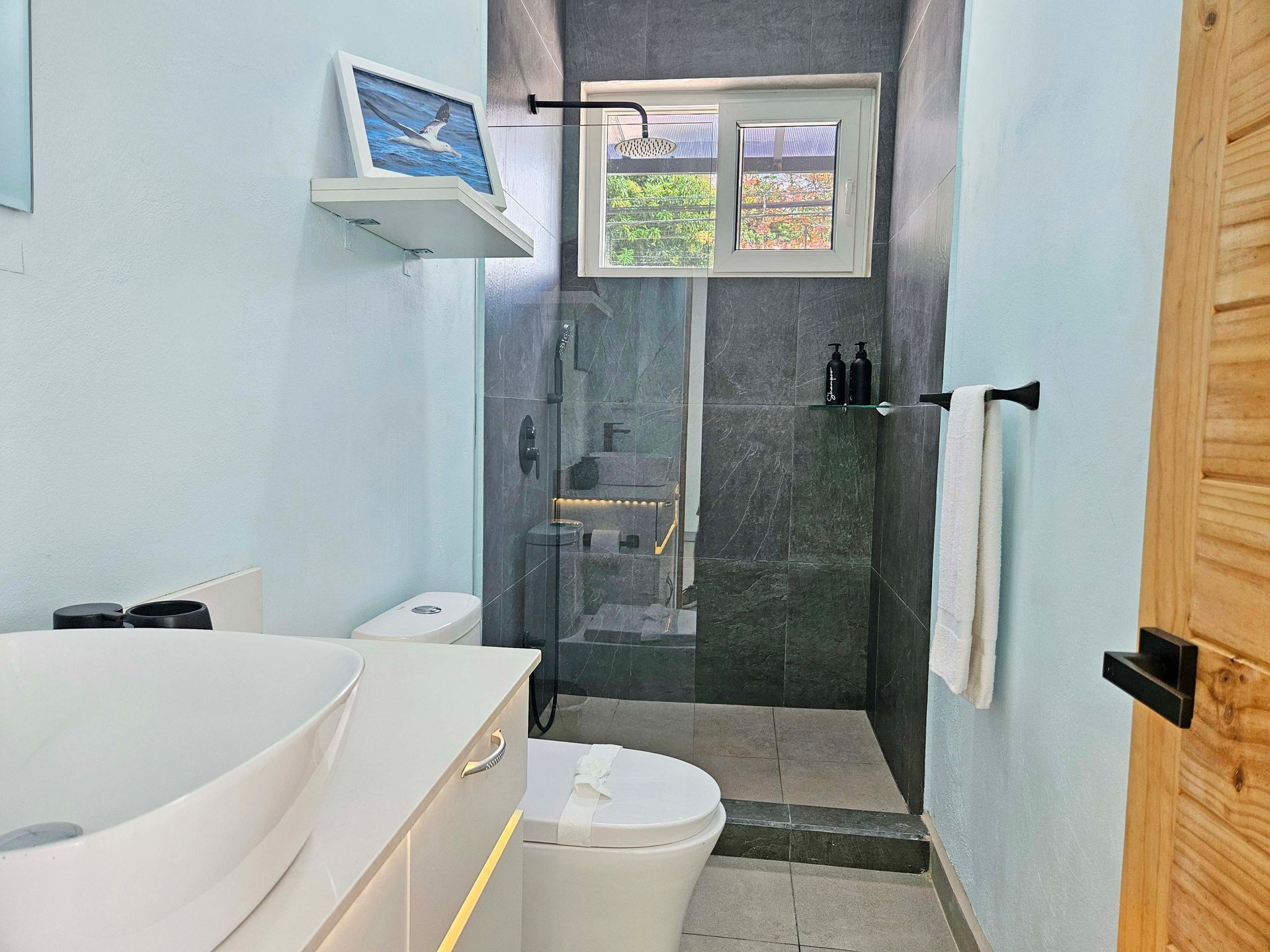 Modern bathroom with gray tile shower, white sink and toilet, light blue walls, and a wooden door.