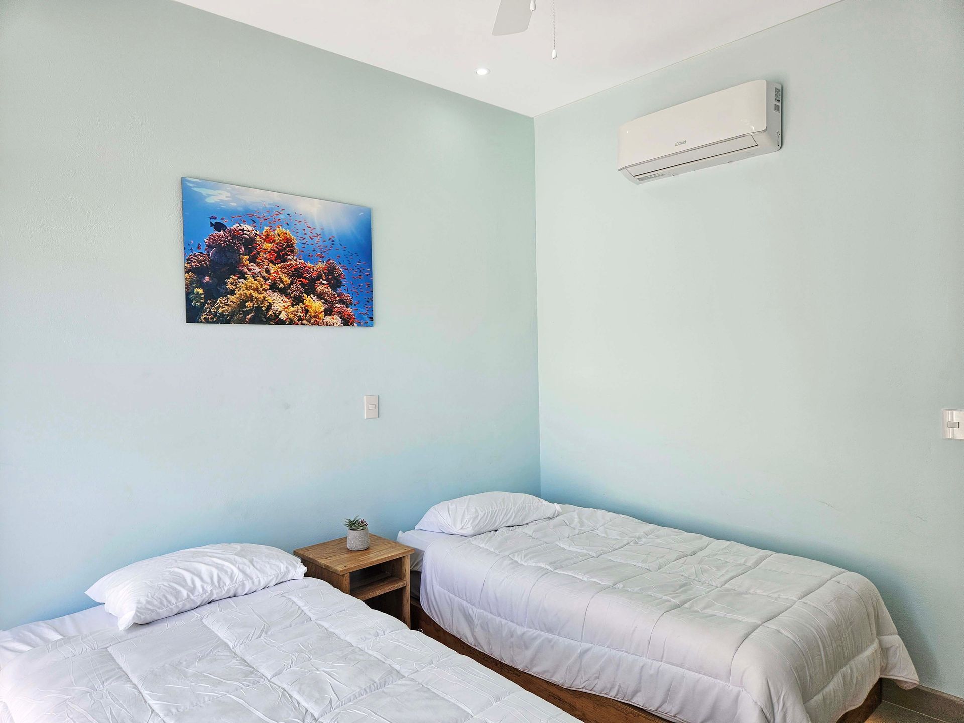 Twin beds in a room with blue walls, an air conditioner, and a coral reef painting.