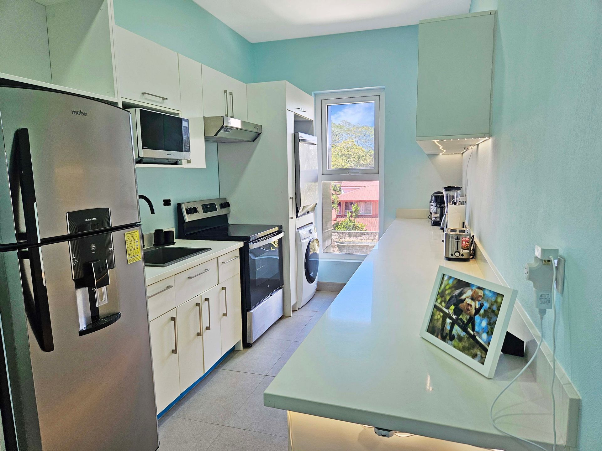 Small kitchen with stainless steel appliances and white cabinets, light blue walls, and a window.