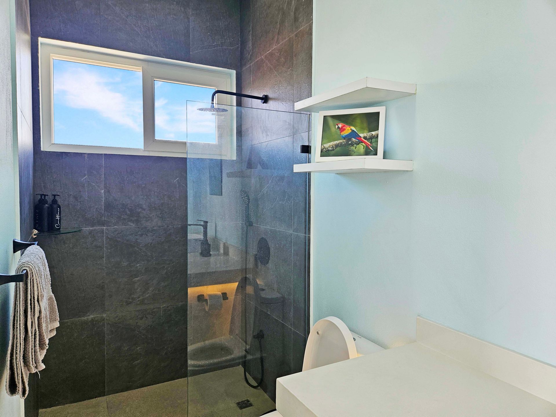 Bathroom with dark gray tile shower, window, and white shelves with a picture.