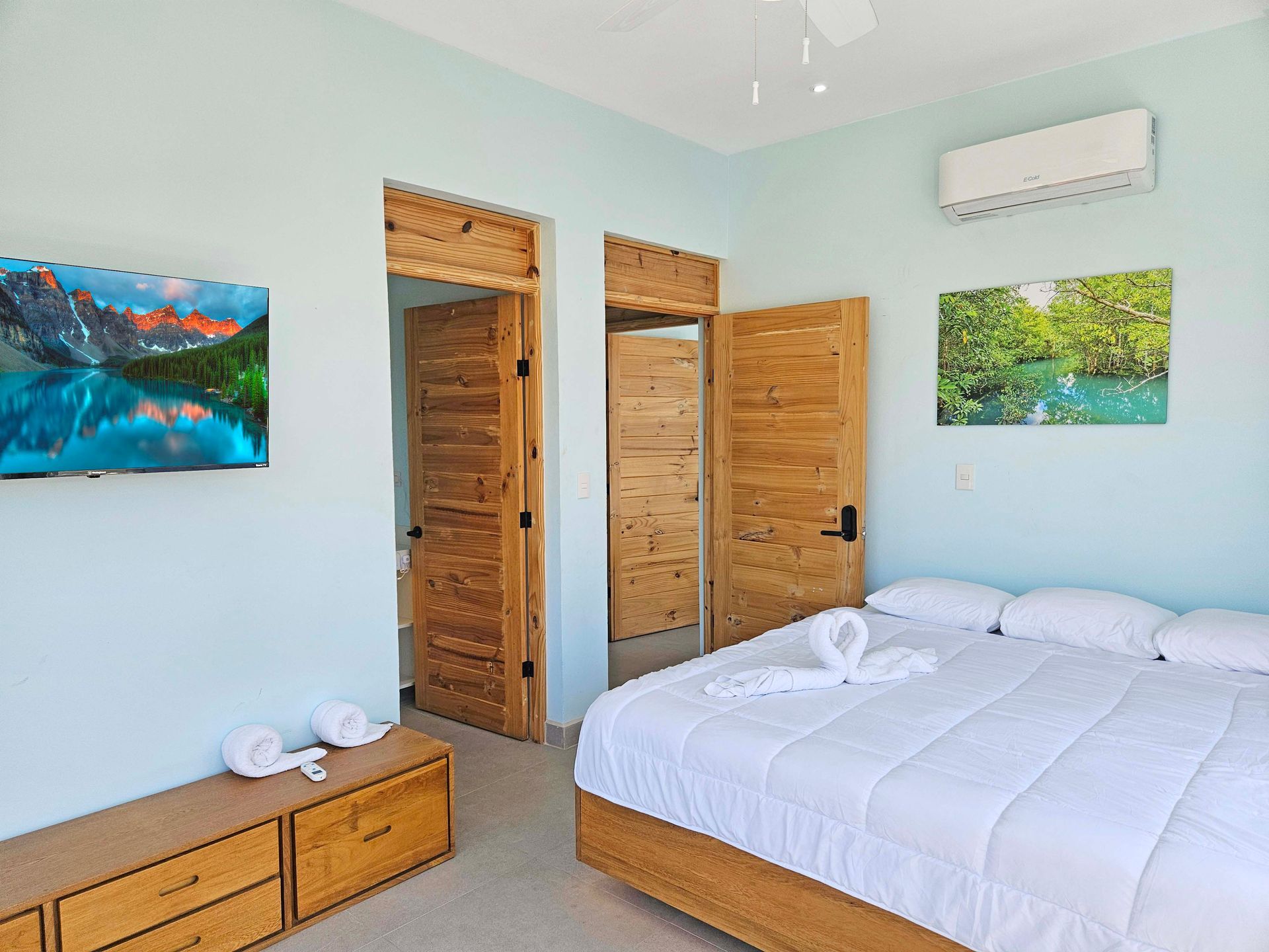 Bedroom with blue walls, double bed, wooden doors, TV, and artwork.
