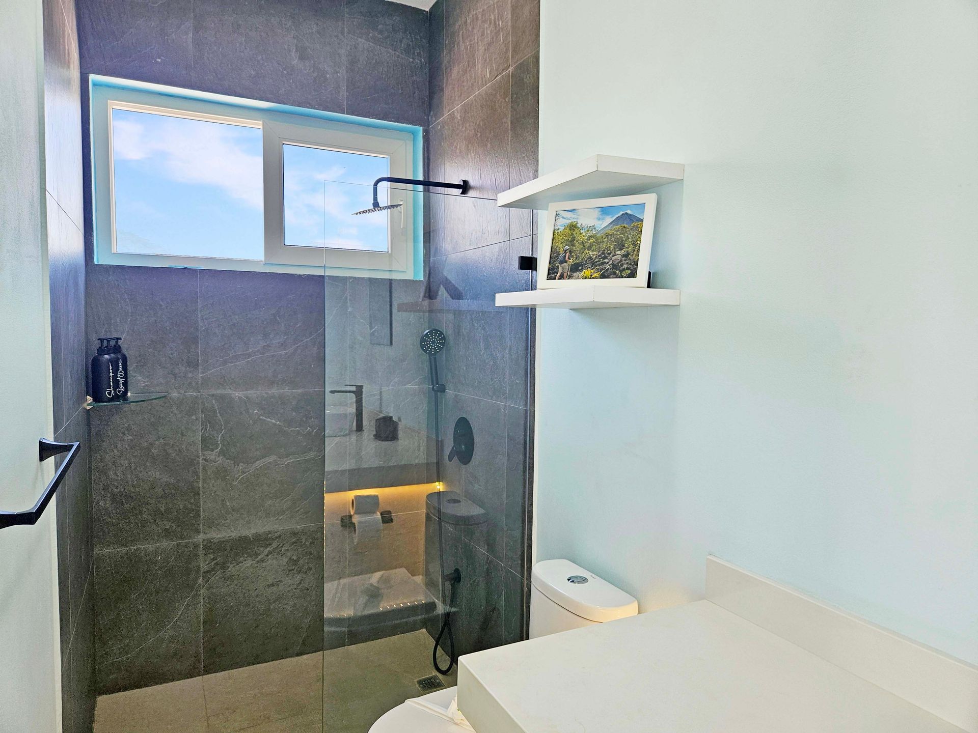 Bathroom with dark tiled shower, window, and light blue walls. Shelf with photo above the toilet.