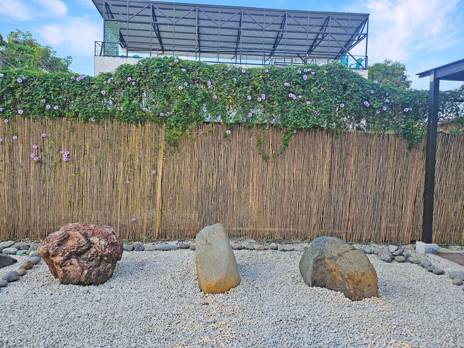 Zen garden with three rocks, white gravel, and a woven fence with flowering vines.
