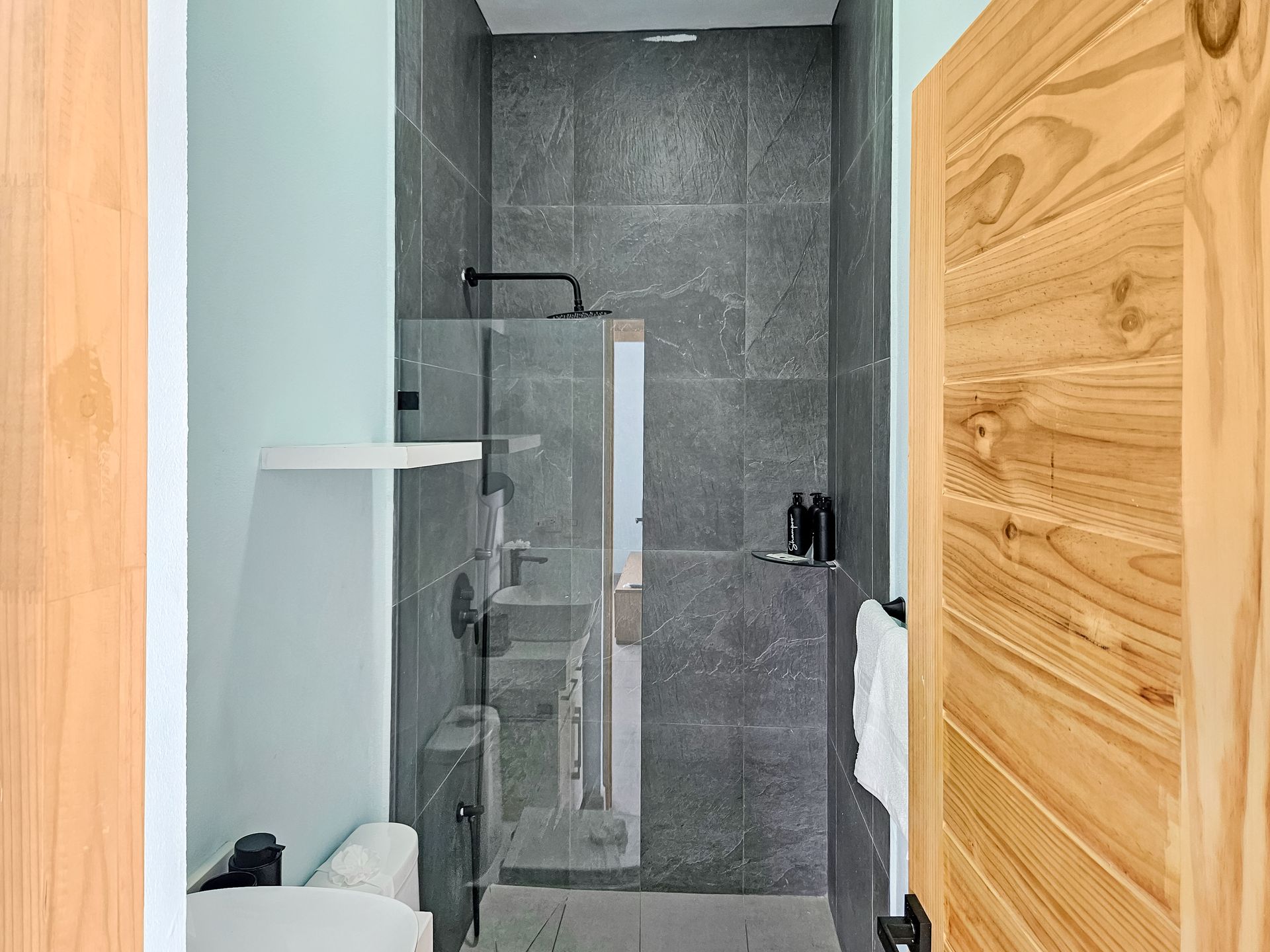 Bathroom with gray tiled shower, glass door, and wooden door.