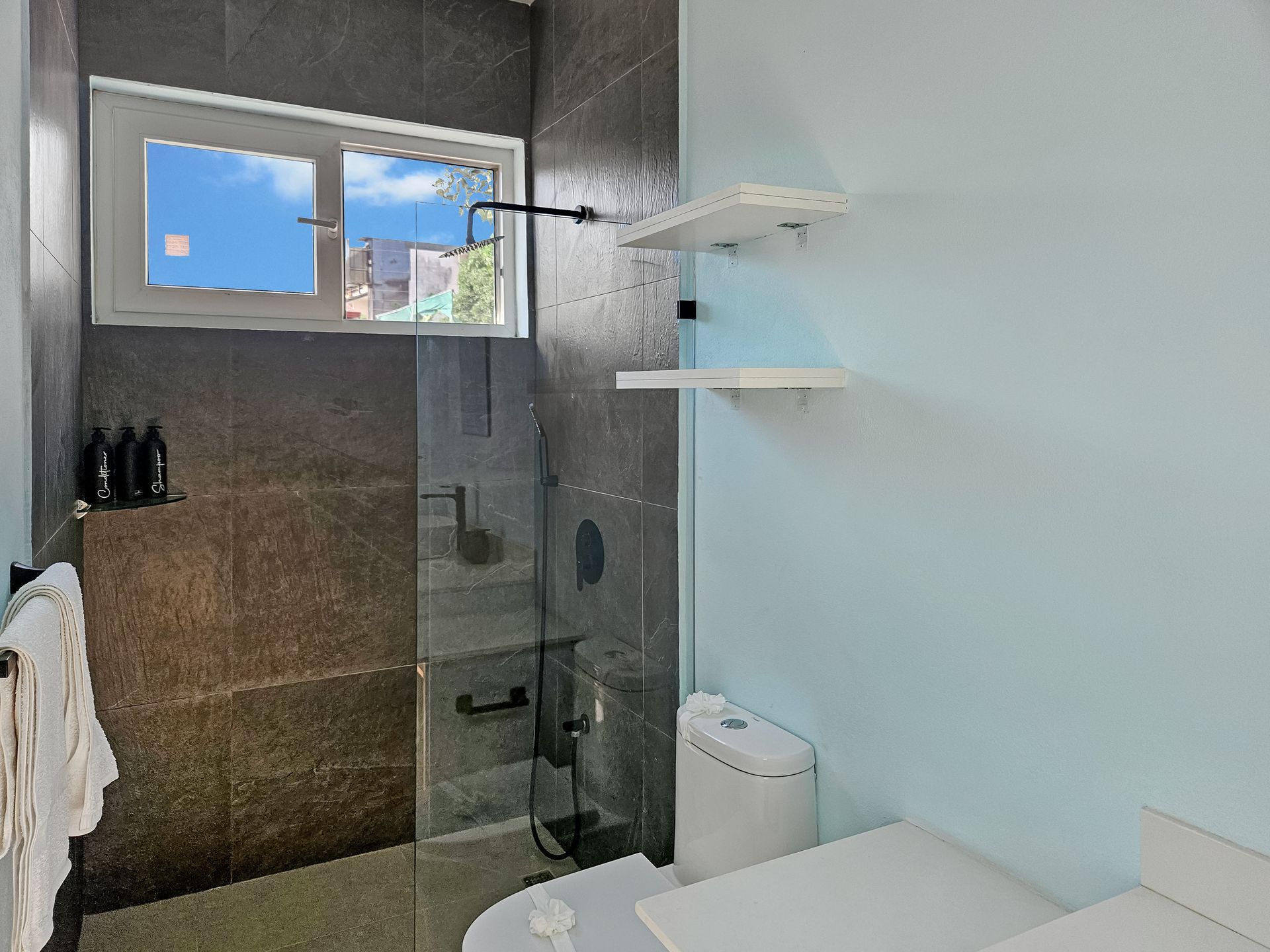 Bathroom with gray tile shower and blue walls, toilet, window with sky view, and shelves.